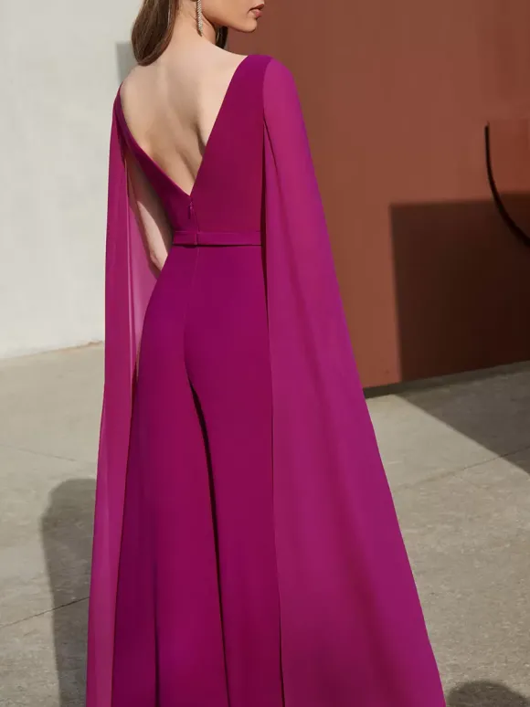 Robe cocktail mariage combinaison de soirée col rond zip sur dos cape longue