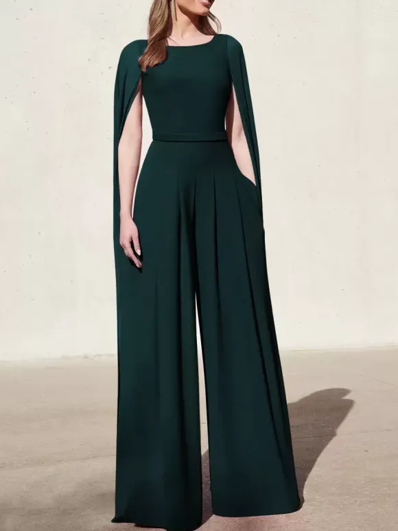 Robe cocktail mariage combinaison de soirée col rond zip sur dos cape longue