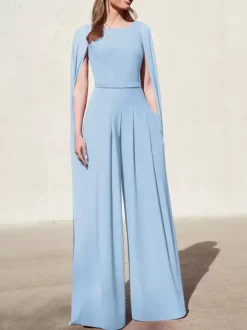 Robe cocktail mariage combinaison de soirée col rond zip sur dos cape longue