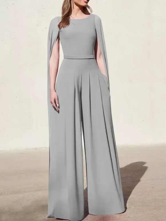 Robe cocktail mariage combinaison de soirée col rond zip sur dos cape longue