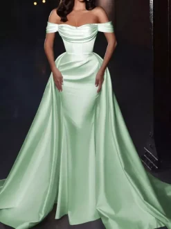 Robe cocktail mariage robe de soirée en satin hors des épaules zip sur dos