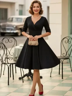 Robe cocktail vintage années 50 pour femme - Col en V manches courtes coupe trapèze buste froncé style rockabilly longueur midi - Invitée de mariage 2026