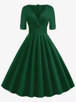 Robe cocktail vintage années 50 pour femme - Col en V manches courtes coupe trapèze buste froncé style rockabilly longueur midi - Invitée de mariage 2026