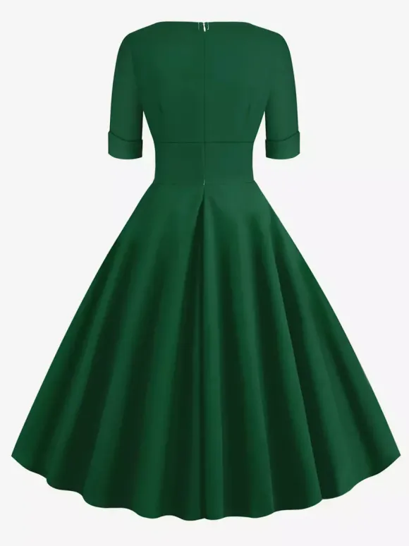 Robe cocktail vintage années 50 pour femme - Col en V manches courtes coupe trapèze buste froncé style rockabilly longueur midi - Invitée de mariage 2026