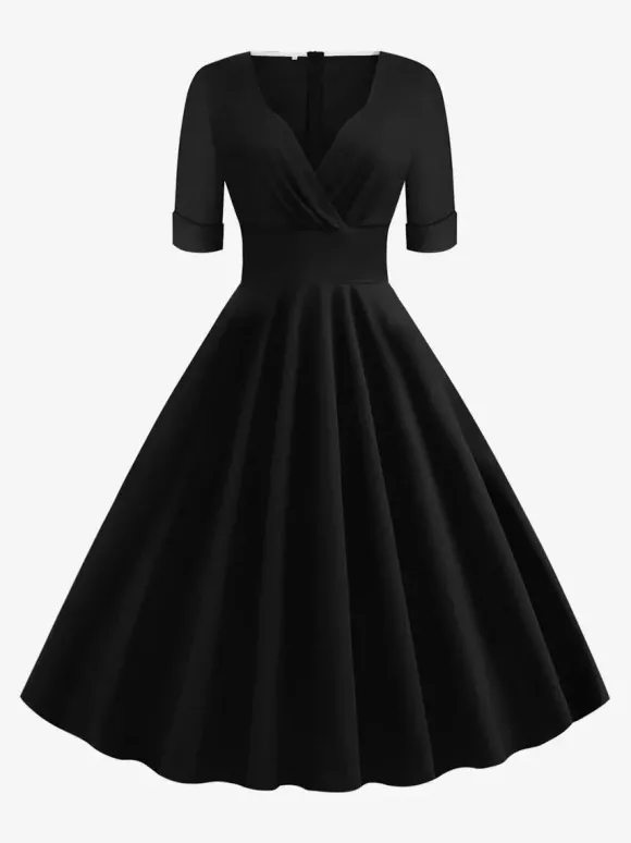 Robe cocktail vintage années 50 pour femme - Col en V manches courtes coupe trapèze buste froncé style rockabilly longueur midi - Invitée de mariage 2026