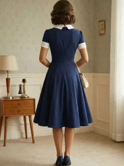 Robe cocktail vintage années 50 pour femme - Col en V manches courtes coupe trapèze buste froncé style rockabilly longueur midi - Invitée de mariage 2026