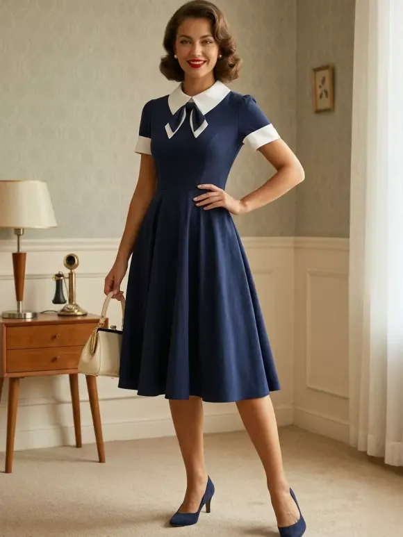 Robe cocktail vintage années 50 pour femme - Col en V manches courtes coupe trapèze buste froncé style rockabilly longueur midi - Invitée de mariage 2026
