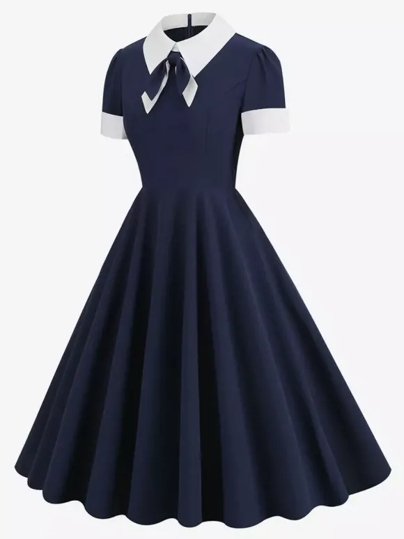 Robe cocktail vintage années 50 pour femme - Col en V manches courtes coupe trapèze buste froncé style rockabilly longueur midi - Invitée de mariage 2026