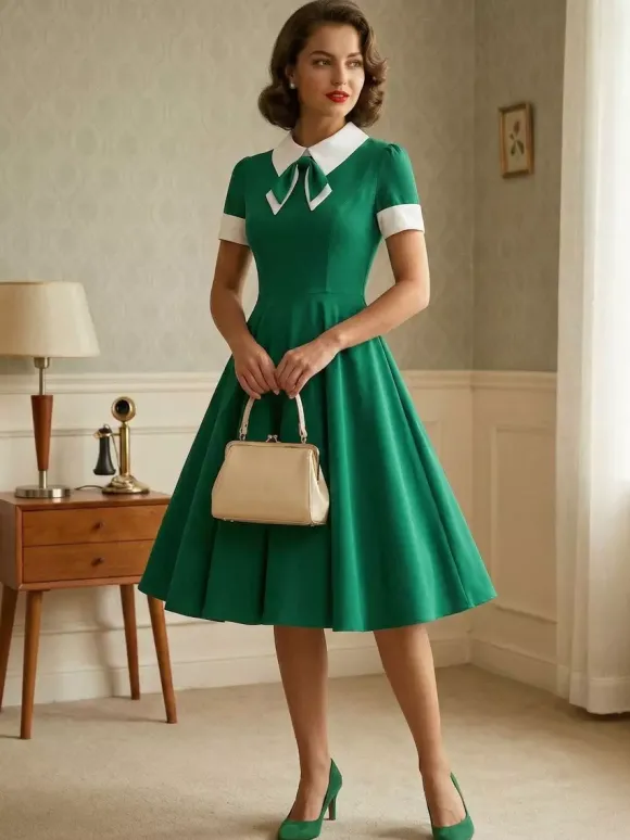 Robe cocktail vintage années 50 pour femme - Col en V manches courtes coupe trapèze buste froncé style rockabilly longueur midi - Invitée de mariage 2026