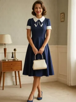 Robe cocktail vintage années 50 pour femme - Col en V manches courtes coupe trapèze buste froncé style rockabilly longueur midi - Invitée de mariage 2026