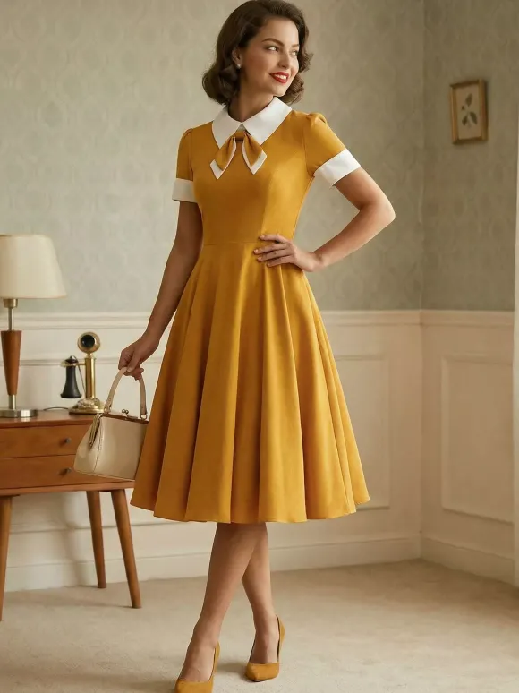 Robe cocktail vintage années 50 pour femme - Col en V manches courtes coupe trapèze buste froncé style rockabilly longueur midi - Invitée de mariage 2026