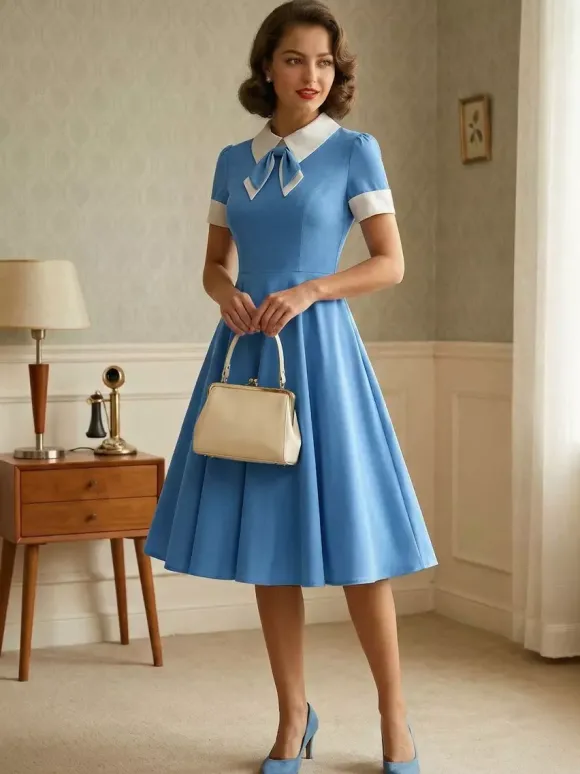 Robe cocktail vintage années 50 pour femme - Col en V manches courtes coupe trapèze buste froncé style rockabilly longueur midi - Invitée de mariage 2026