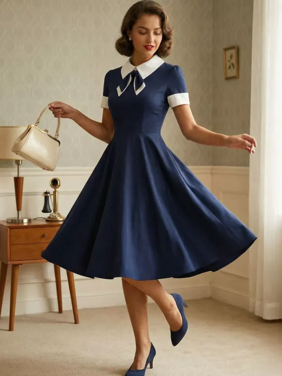 Robe cocktail vintage années 50 pour femme - Col en V manches courtes coupe trapèze buste froncé style rockabilly longueur midi - Invitée de mariage 2026