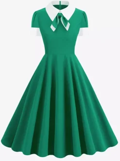 Robe cocktail vintage années 50 pour femme - Col en V manches courtes coupe trapèze buste froncé style rockabilly longueur midi - Invitée de mariage 2026