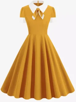 Robe cocktail vintage années 50 pour femme - Col en V manches courtes coupe trapèze buste froncé style rockabilly longueur midi - Invitée de mariage 2026