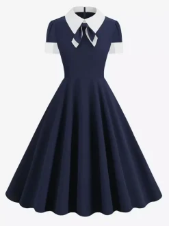 Robe cocktail vintage années 50 pour femme - Col en V manches courtes coupe trapèze buste froncé style rockabilly longueur midi - Invitée de mariage 2026