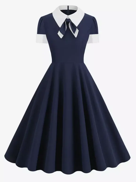 Robe cocktail vintage années 50 pour femme - Col en V manches courtes coupe trapèze buste froncé style rockabilly longueur midi - Invitée de mariage 2026