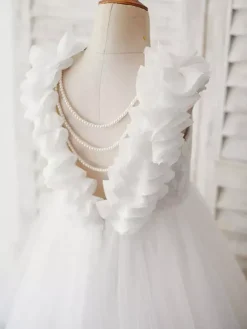 Robe cortège enfant col rond brodé dos en V décoré des fleurs jupe en tulle longeur à la cheville Robe fille de fleur