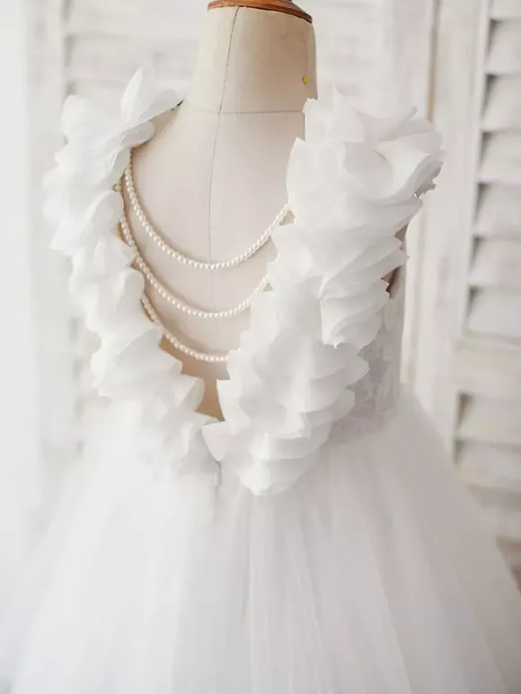 Robe cortège enfant col rond brodé dos en V décoré des fleurs jupe en tulle longeur à la cheville Robe fille de fleur