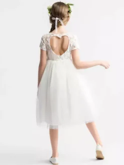 Robe cortège enfant Robe baptême fille col rond manche courte dos en forme de coeur