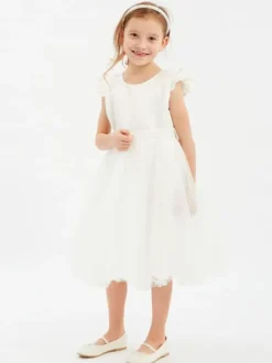 Robe cortège enfant Robe baptême fille col rond sans manche zip sur dos au genou
