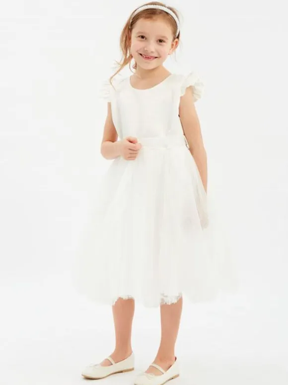 Robe cortège enfant Robe baptême fille col rond sans manche zip sur dos au genou