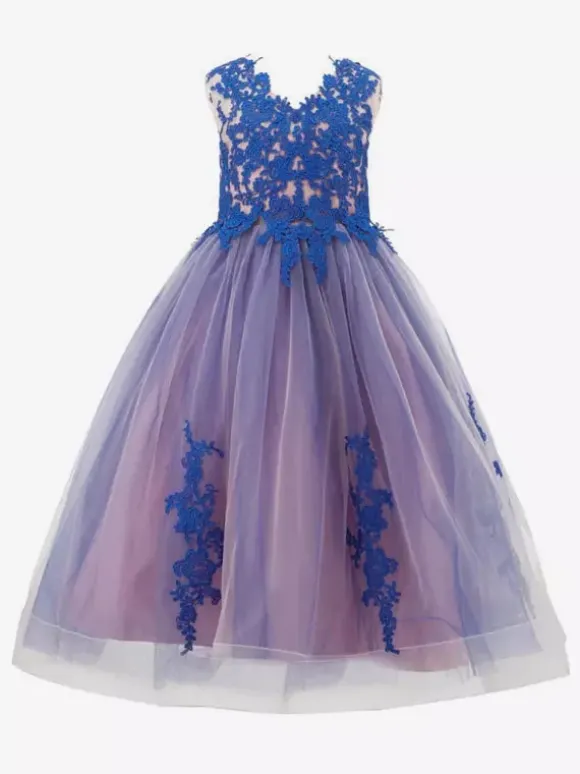 Robe cortège enfant robe de soirée mariage pour fille col V boutonné sur dos au sol