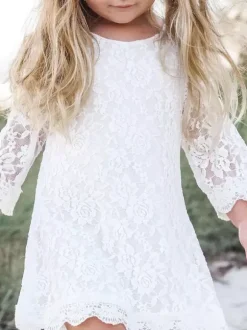 Robe cortège enfant robe de cérémonie fille bohème col rond manche longue en dentelle au genou