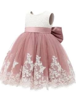 Robe cortège enfrant cameo rose en tulle col rond noeud sur dos Robe de baptême