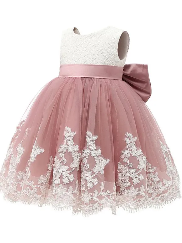 Robe cortège enfrant cameo rose en tulle col rond noeud sur dos Robe de baptême