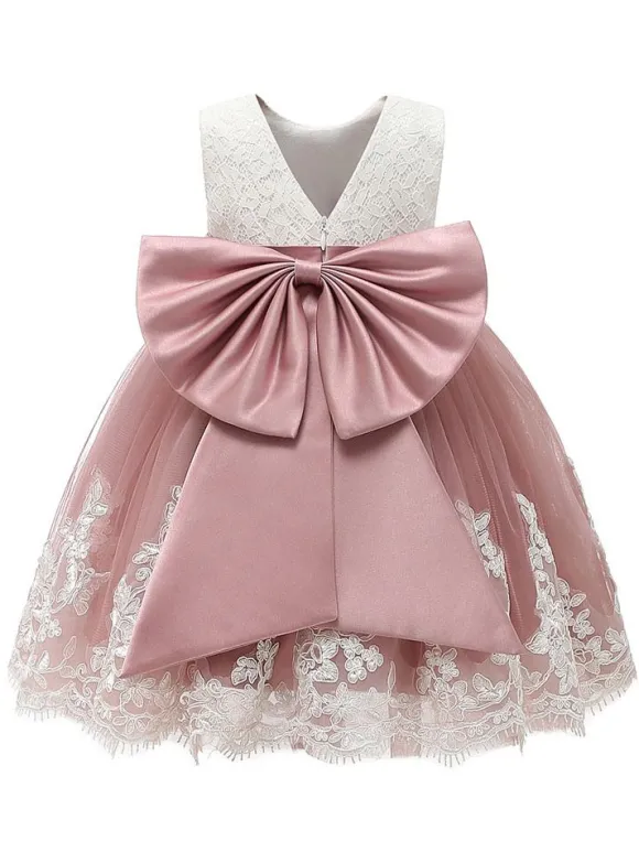 Robe cortège enfrant cameo rose en tulle col rond noeud sur dos Robe de baptême