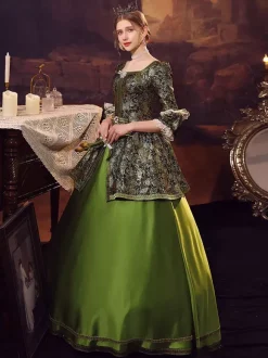 Robe Costume Rococo Opéra Vintage en jacquard manches 3/4 verte Costume baroque femme Déguisements Halloween