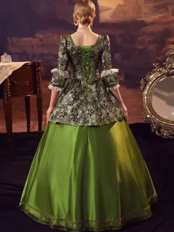Robe Costume Rococo Opéra Vintage en jacquard manches 3/4 verte Costume baroque femme Déguisements Halloween