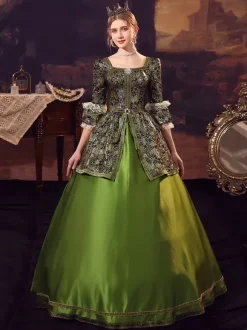 Robe Costume Rococo Opéra Vintage en jacquard manches 3/4 verte Costume baroque femme Déguisements Halloween