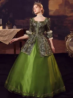Robe Costume Rococo Opéra Vintage en jacquard manches 3/4 verte Costume baroque femme Déguisements Halloween