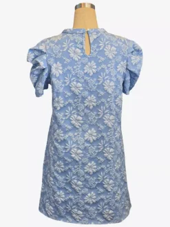 Robe courte à manches bouffantes pour femme - Robe d'été à col rond en jacquard fleuri - Idéale pour les fêtes d'été à la plage 2026