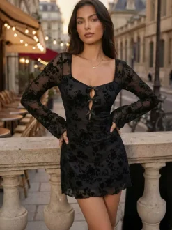 Robe courte à manches évasées n艙ud et imprimé floral floqué pour femme 2026