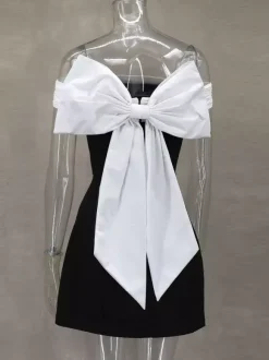 Robe courte à épaules dénudées avec n艙ud dans le dos coupe trapèze idéale pour une fête d'anniversaire ou un cocktail 2026