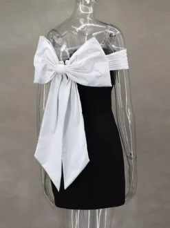 Robe courte à épaules dénudées avec n艙ud dans le dos coupe trapèze idéale pour une fête d'anniversaire ou un cocktail 2026