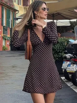 Robe courte à pois pour femme - Marron chocolat vintage col en V manches longues moulante - Idéale pour les fêtes de printemps 2026