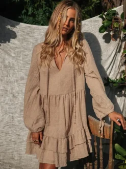 Robe courte bohème à manches lanternes pour femme - Mélange de coton col en V volants étagés coupe ample - Collection printemps-été décontractée 2026