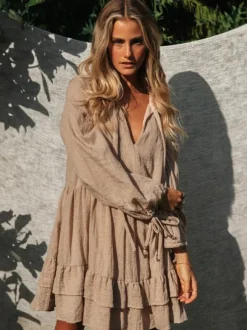 Robe courte bohème à manches lanternes pour femme - Mélange de coton col en V volants étagés coupe ample - Collection printemps-été décontractée 2026