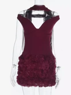 Robe courte bordeaux à ourlet en pétales de rose 3D pour femme - Robe moulante romantique avec foulard - Tenue de soirée estivale élégante et raffinée 2026