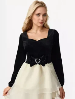 Robe courte contrastée avec n艙ud papillon manches longues col carré robe de fête d'anniversaire superposée 2026