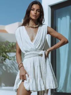 Robe courte décolletée en V pour femme - Robe grecque bohème plissée sans manches à volants avec ceinture en corde - Collection été 2026