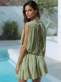 Robe courte décolletée en V pour femme - Robe grecque bohème plissée sans manches à volants avec ceinture en corde - Collection été 2026