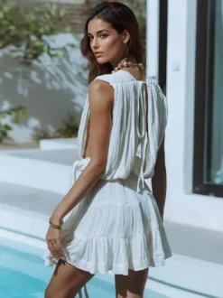 Robe courte décolletée en V pour femme - Robe grecque bohème plissée sans manches à volants avec ceinture en corde - Collection été 2026