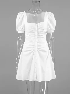 Robe courte en coton respirant pour femme - Style cottagecore blanc - Manches bouffantes col carré froncé - Idéale pour une garden-party ou une soirée romantique en été (2026)