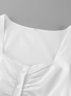 Robe courte en coton respirant pour femme - Style cottagecore blanc - Manches bouffantes col carré froncé - Idéale pour une garden-party ou une soirée romantique en été (2026)