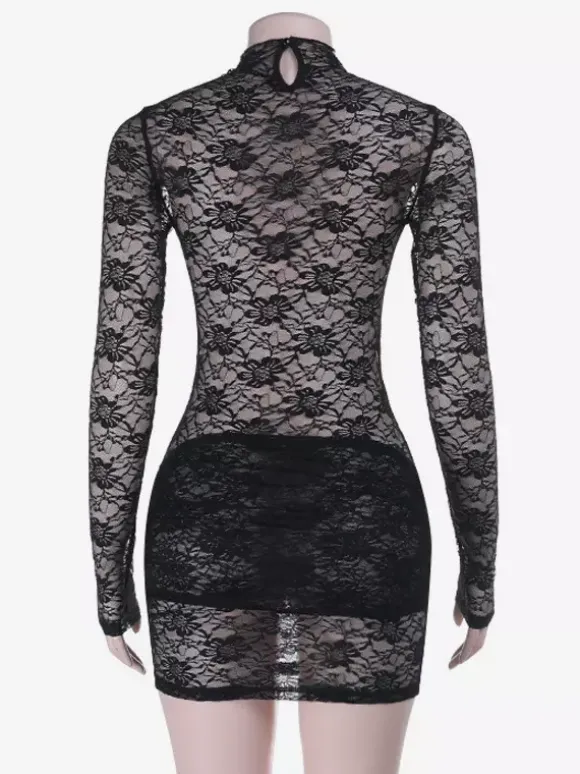 Robe courte en dentelle florale transparente pour femme - Robe moulante noire à col montant et manches longues de style gothique - Tenues de soirée printanières 2026